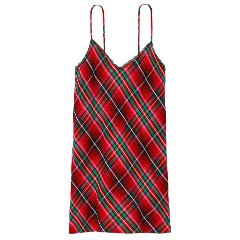 🟣 VICTORIA'S SECRET Flannel V-Neck Slip Bright Tartan Plaid XXL